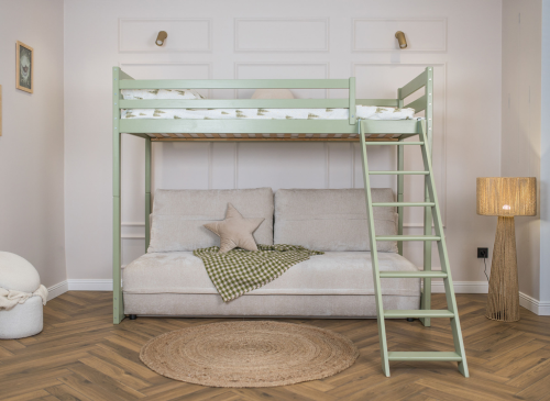 SAVIO 90x200/140x200 olive lit mezzanine avec canapé-lit en tissu  perfect harmony 02 Lano Meubles