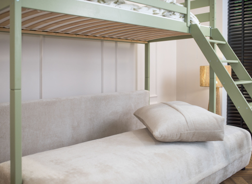 SAVIO 90x200/140x200 olive lit mezzanine avec canapé-lit en tissu  perfect harmony 02 Lano Meubles