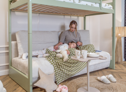 SAVIO 90x200/140x200 olive lit mezzanine avec canapé-lit en tissu  perfect harmony 02 Lano Meubles