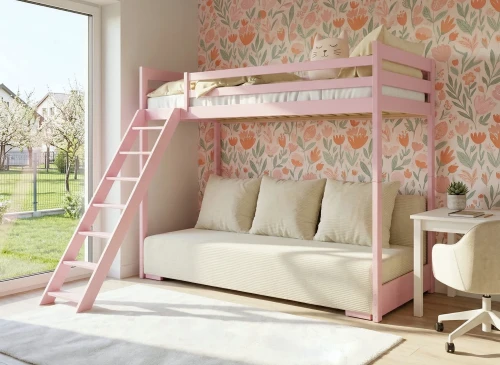 SOFINO 90x200/140x200 rose lit mezzanine avec canapé-lit en tissu beige poso 38 Lano Meubles