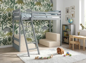 SOFENA 90x200 gris lit mezzanine avec canapé modulable en tissu beige poso 38 Lano Meubles