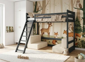SOFENA 90x200 graphite lit mezzanine avec canapé modulable en tissu beige poso 38 Lano Meubles