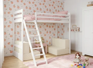 SOFENA 90x200 blanc lit mezzanine avec canapé modulable en tissu beige poso 38 Lano Meubles