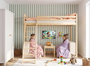 SOFENA 90x200 bois lit mezzanine avec canapé modulable en tissu beige poso 38 Lano Meubles
