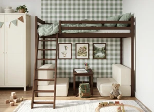 SOFENA 90x200 chocolat noir lit mezzanine avec canapé modulable en tissu beige poso 38 Lano Meubles