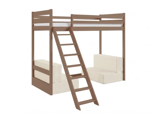 SOFENA 90x200 chocolat au lait lit mezzanine avec canapé modulable en tissu beige poso 38 Lano Meubles