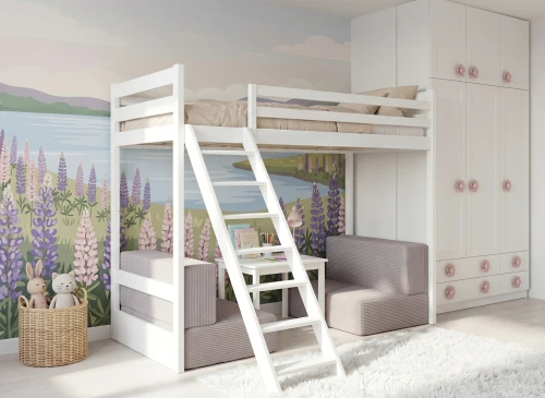 SOFENA 90x200 blanc lit mezzanine avec canapé modulable en tissu gris clair 19 dove Lano Meubles