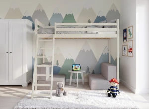 SOFENA 90x200 coton lit mezzanine avec canapé modulable, tissu gris clair Zoom Dove 19 Lano Meubles