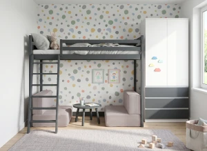 SOFENA 90x200 graphite lit mezzanine avec canapé modulable en tissu gris clair 19 dove Lano Meubles