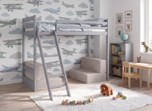 SOFENA 90x200 gris lit mezzanine avec canapé modulable en tissu gris clair 19 dove Lano Meubles