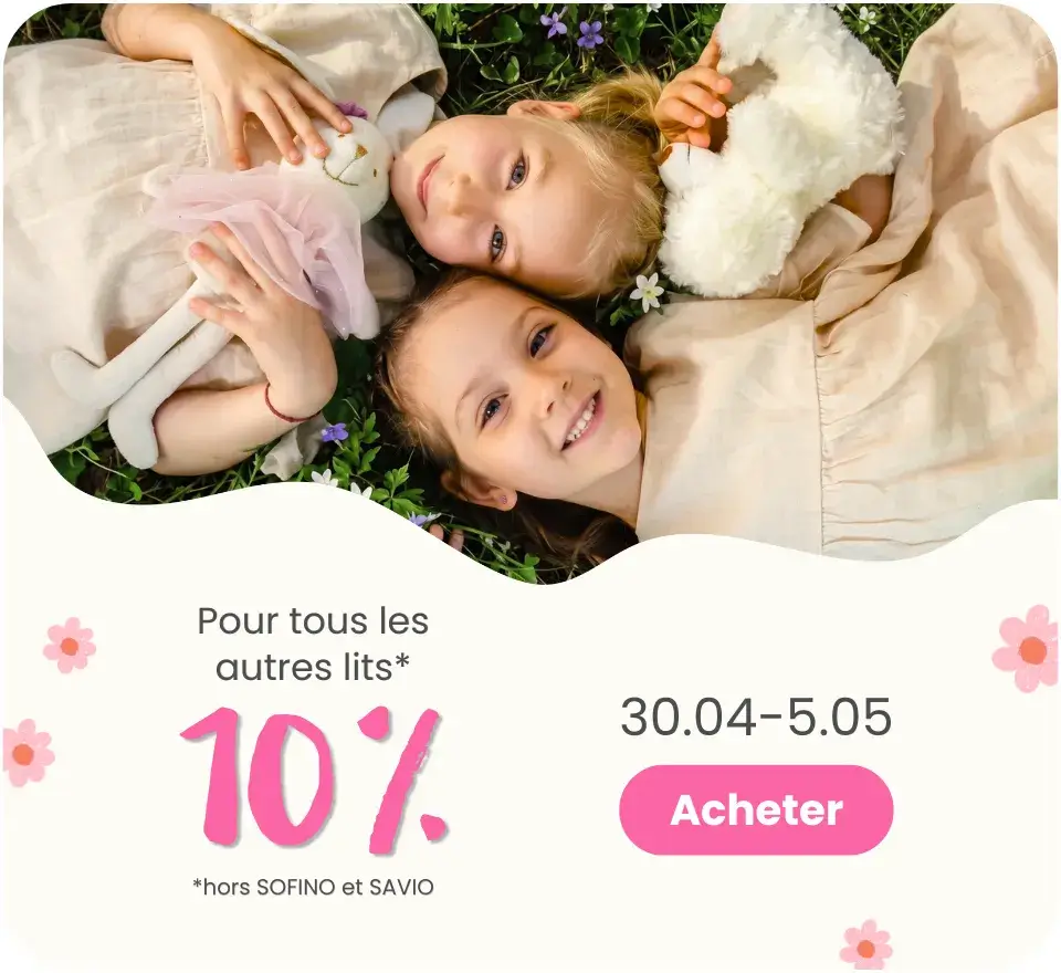 30.04–5.05 – sur tous les autres lits (hors SAVIO et SOFINO) non inclus dans la promotion de 15 %, nous offrons 10 % de réduction